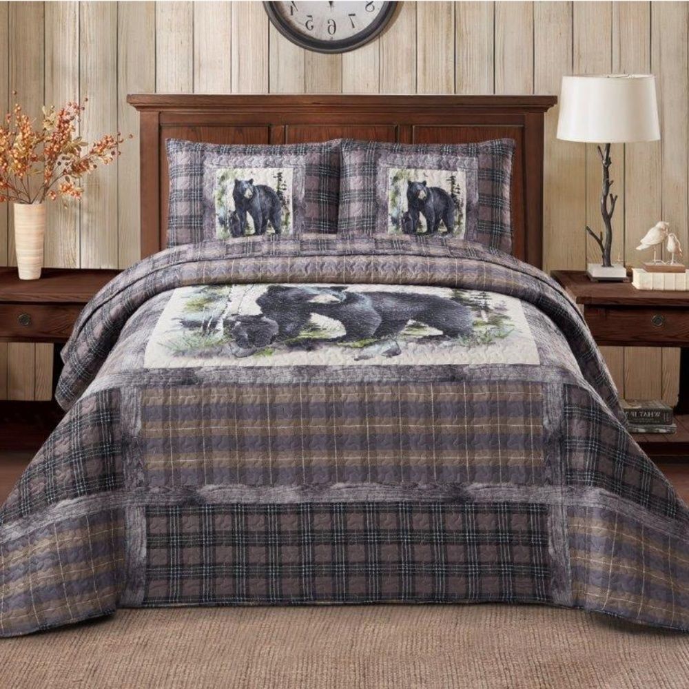 Black Bear Printed King Quilt Set Country Lodge Cabin Rustic Lightweight